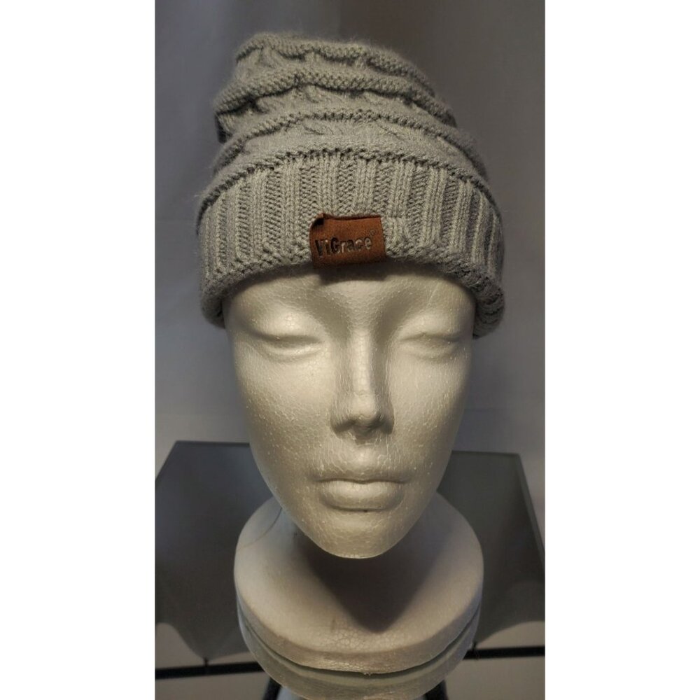 Vi Grace Winter Beanie Hat Cap Cable Knit Gray Warm Chunky Soft